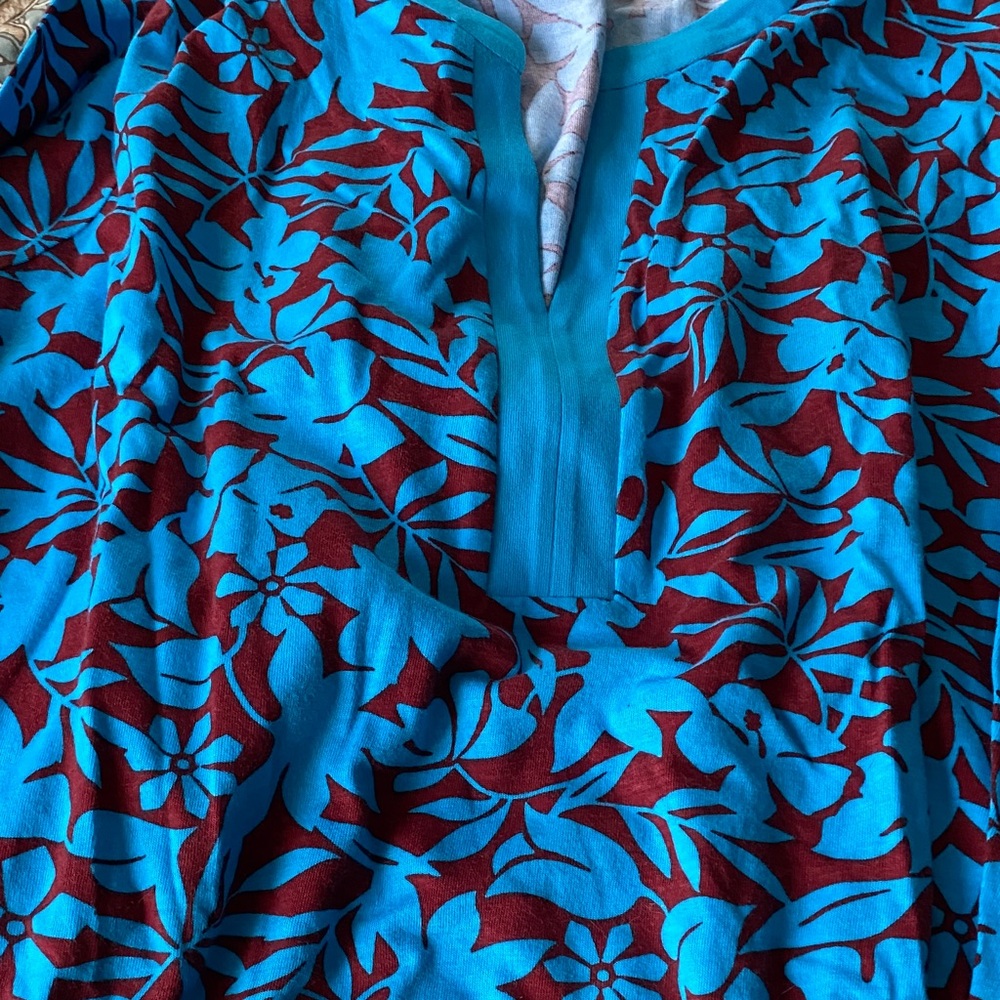Lands' End Blue and Red Leaf Pattern Swim Cover Up